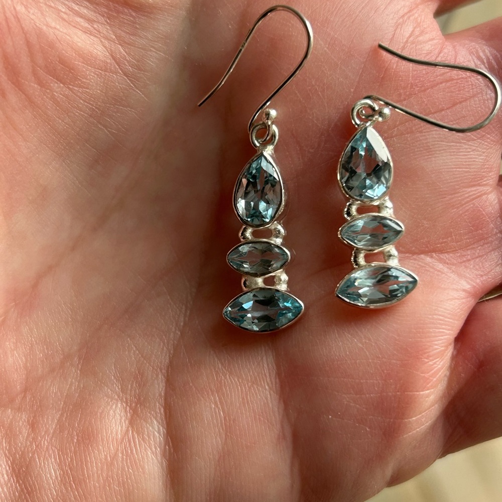NEW!Genuine blue topaz Sterling dangle earring pierced - Picture 3 of 7